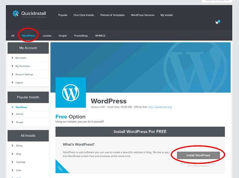 Install WordPress Button On Hostgator